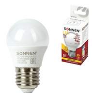 Лампа светодиодная SONNEN, 5(40)Вт, цоколь E27, шар, тепл.белый, 30000ч, LED G45-5W-2700-E27