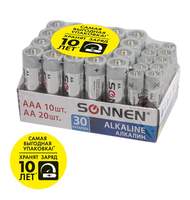Батарейки КОМПЛЕКТ 30 (20+10) шт, SONNEN Alkaline, AA+ААА (LR6+LR03), в коробке