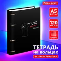 Тетрадь на кольцах А5 160х212 мм, 120 листов, картон, матовая ламинация, клетка, BRAUBERG, 