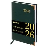 Ежедневник датированный 2026 А5 138x213мм BRAUBERG Senator, под кожу, зеленый