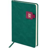 Ежедневник датированный 2026 А5 138х213 мм, BRAUBERG "Accent", под кожу, держатель, зеленый/бордо