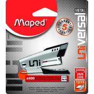 Степлер металлический мини, MAPED UNIVERSAL METAL, на 15 листов, скобы 24/6 и 26/6, с встроенным антистеплером + 400 скоб в комлекте, в блистере
