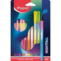 Фломастеры NIGHTFALL с заблокированным пишущим узлом, декорированные, средний пишущий узел, смываемые, в картонном футляре, 12 цветов