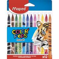 Фломастеры с заблокированным пишущим узлом, MAPED COLOR′PEPS ANIMALS, средний пишущий узел, смываемые, в картонном футляре, 12 цветов