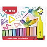 Текстовыделитель классический, MAPED FLUO PEP′S CLASSIC PASTEL, пишущий узел 1-5мм, устойчивые в солнечному свету чернила, 6 классических и 6 пастельных цветов, в коробке 12 шт.