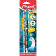 Карандаш чернографитный пластиковый, MAPED JUNGLE FEVER, с ластиком, треугольный, НВ, декорированный, 2 штуки, тренажер для постановки письма в комплекте, в картонной упаковке с подвесом