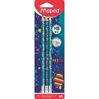 Карандаш чернографитный пластиковый, MAPED PIXEL PARTY, с ластиком, треугольный, декорированный, НВ, 6 штук, в картонной упаковке с подвесом