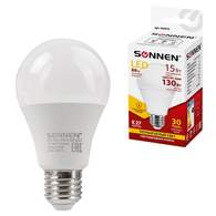 Лампа светодиодная SONNEN, 15(130)Вт, цоколь Е27, груша,тепл.бел,30000ч,LED A65-15W-2700-E27