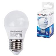Лампа светодиодная SONNEN, 5(40)Вт, цоколь E27, шар, хол. белый, 30000ч, LED G45-5W-4000-E27