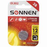 Батарейка SONNEN Lithium, CR2032, литиевая, 1 шт, в блистере