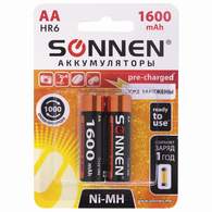 Батарейки аккумуляторные SONNEN, АА (HR06), Ni-Mh, 1600mAh, 2 шт, в блистере