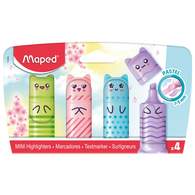 Текстовыделитель мини, MAPED FLUO PEP′S MINI PASTEL, декорированный, пишущий узел 1-5мм, устойчивые к солнечному свету чернила, набор 4 штуки, пастельные цвета, в картонной упаковке с подвесом